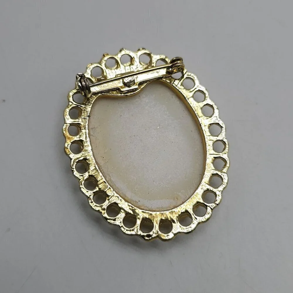 Vintage Gold Toned Oval Brooch Hand Painted Pink Floral Design on Milk Glass